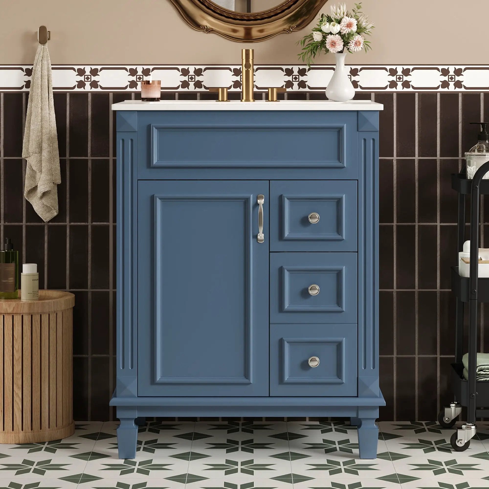 Bathroom Vanity With Ceramic Sink, Compact Cabinet With 2 Drawers And Adjustable Shelf - Blue by Unique Piece Furniture
