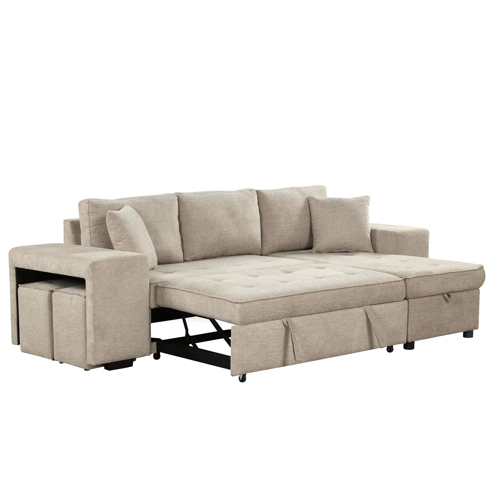 Modern L-Shape 3 Seat Reversible Sectional Couch, Pull Out Sleeper Sofa With Storage Chaise And 2 Stools For Living Room Furniture Set by HouseOfZazla