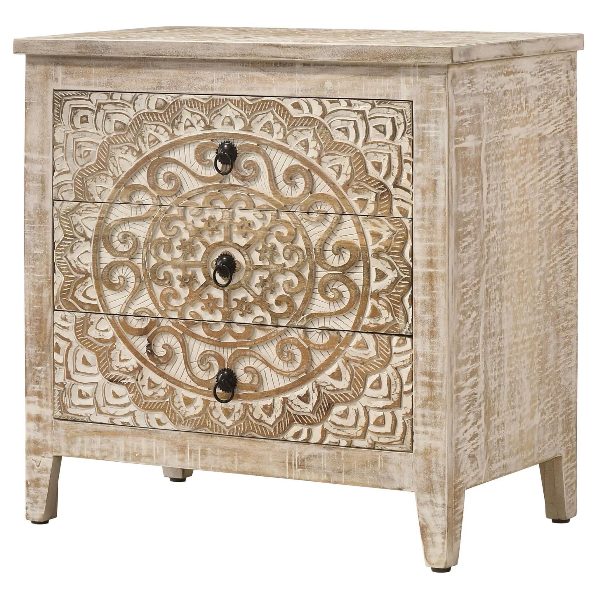 Mariska 3-drawer Wood Mandala Cabinet Distressed White by Unique Piece Furniture