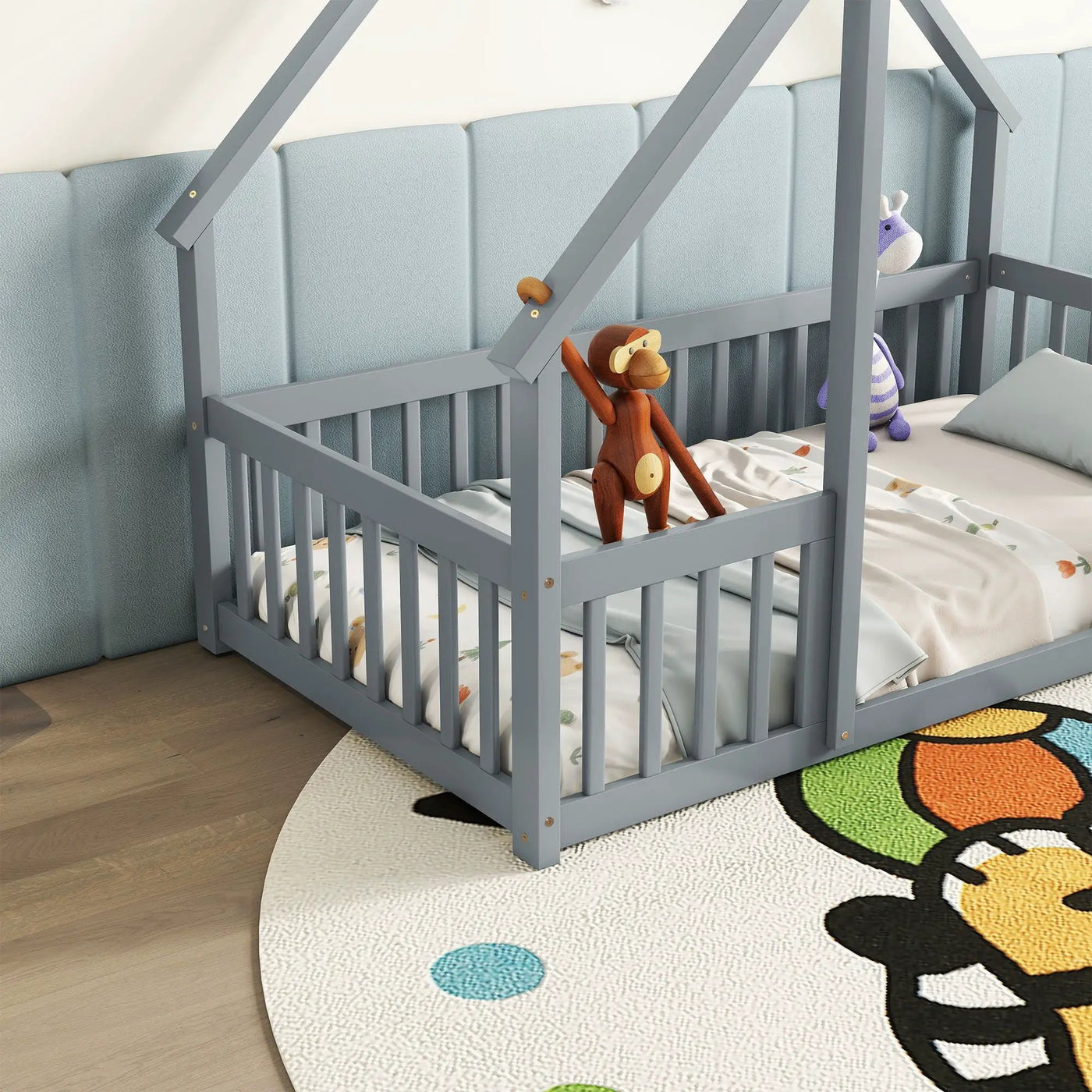 Wood House-Shaped Floor Bed With Fence, Guardrails by HouseOfZazla
