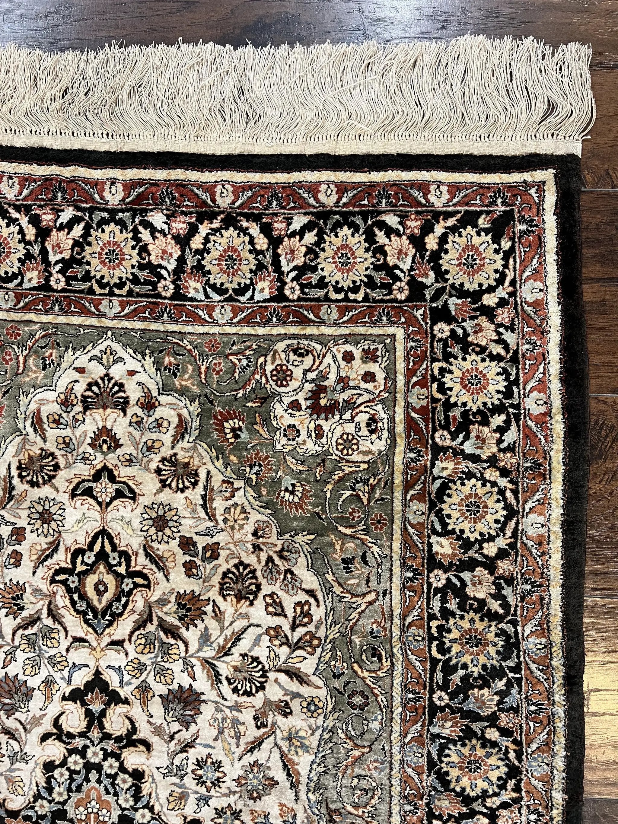Silk Sino Persian Rug 3x5, Floral Medallion, Hand Knotted Silk Pile Silk Foundation, Traditional Silk Handmade Oriental Carpet, Cream Black by Jewel Rugs