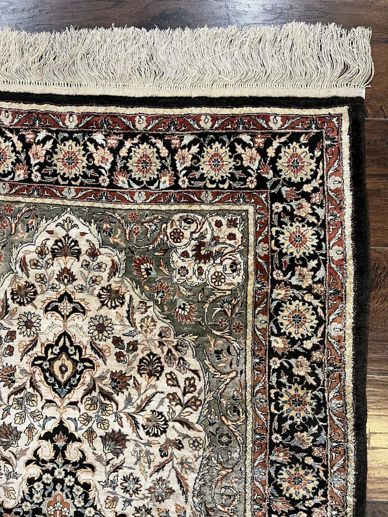 Silk Sino Persian Rug 3x5, Floral Medallion, Hand Knotted Silk Pile Silk Foundation, Traditional Silk Handmade Oriental Carpet, Cream Black by Jewel Rugs