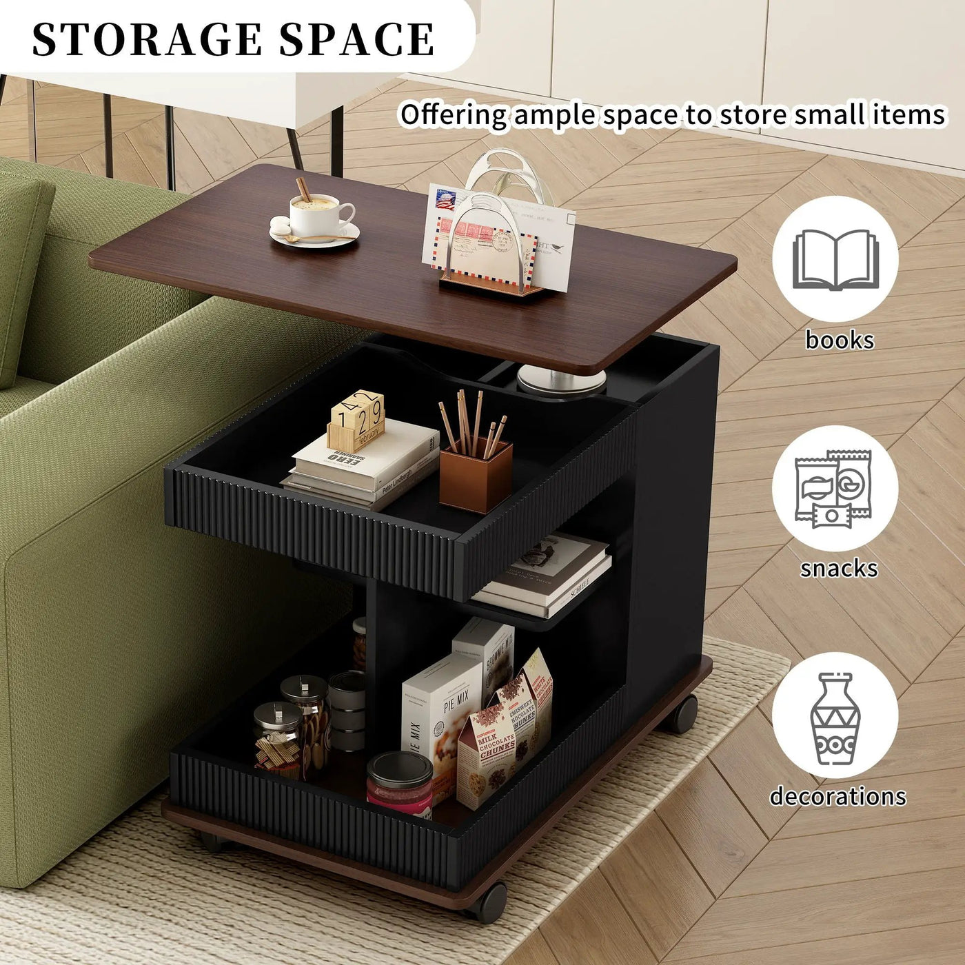 Adjustable End Table With Wheels, 360°Rotating Top And Storage Space by HouseOfZazla