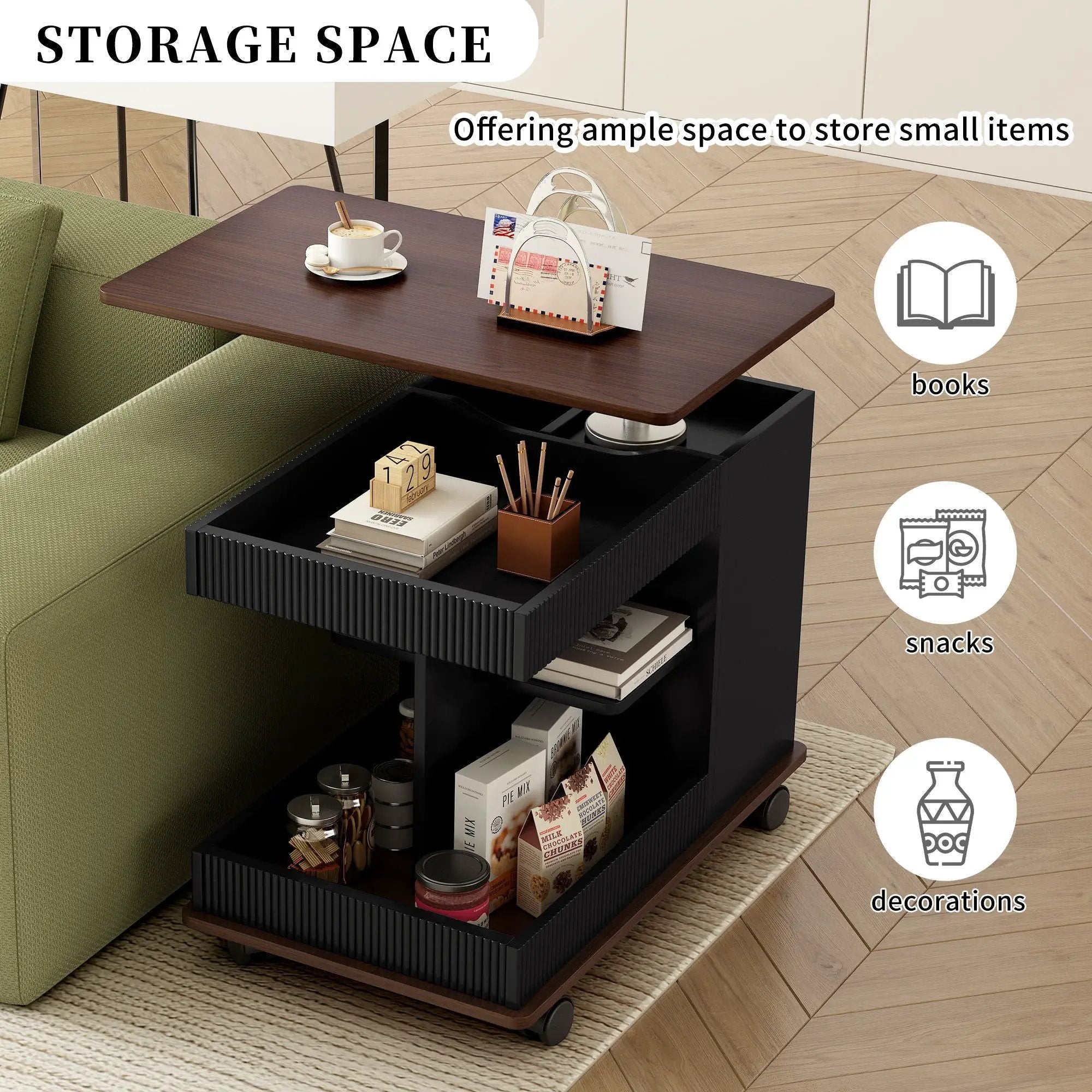 Adjustable End Table With Wheels, 360°Rotating Top And Storage Space by HouseOfZazla