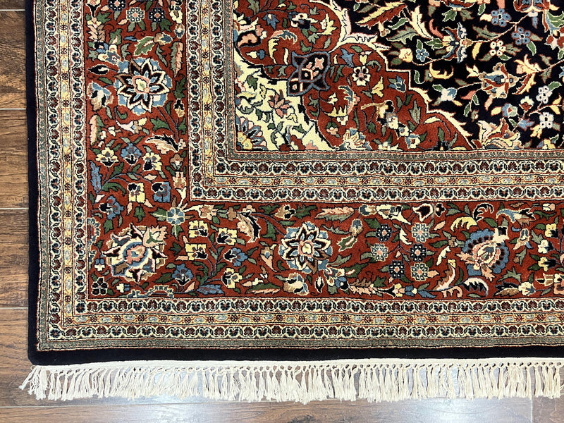 Indo Persian Rug 8x10, Floral Medallion, Vintage Handmade Wool Carpet, Navy Blue and Red, Fine 300 KPSI by Jewel Rugs