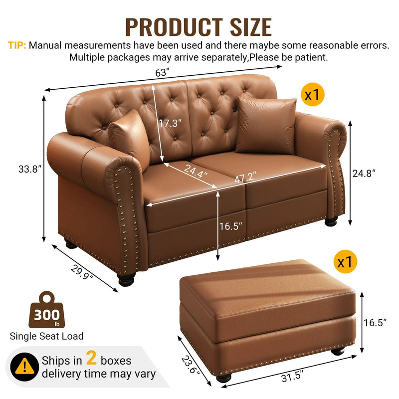 Upholstered Sofa With Nailhead Trim, Rolled Armrests With Ottoman by HouseOfZazla