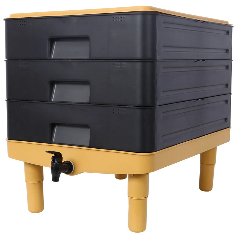 Durable 3 Tray Worm Farm Kit For Efficient Vermicomposting, 65L Capacity - Yellow / Black by HouseOfZazla