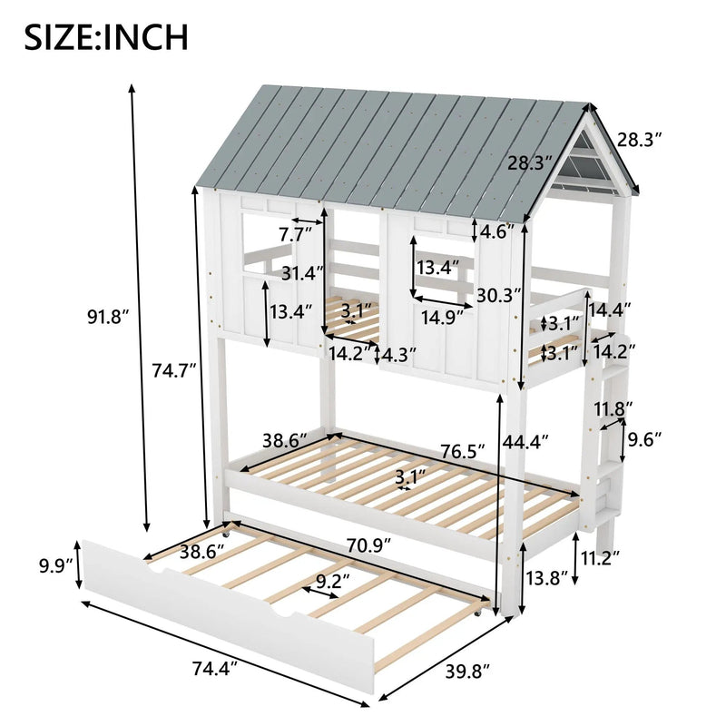 Twin Size House Bunk Bed With Trundle, Roof And Windows - White / Gray by Unique Piece Furniture