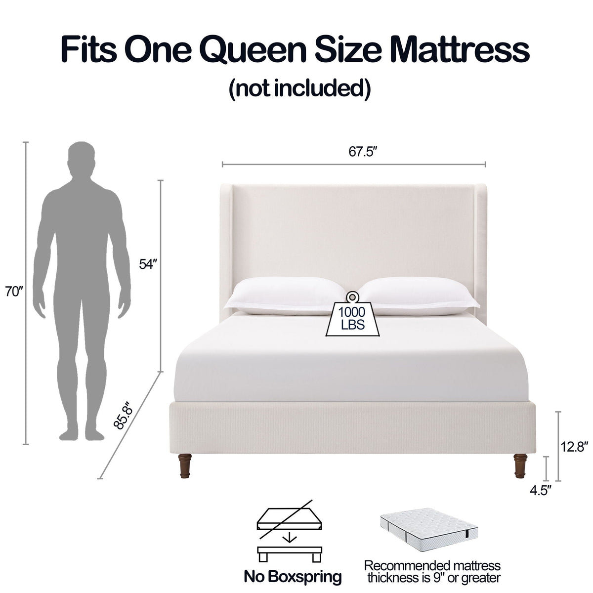 Tall Headboard Upholstered Bed with No Box Spring Needed - Cream, photo 20 of 40