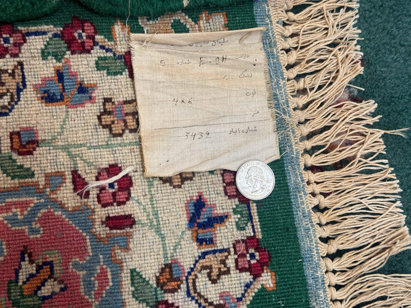Persian Kerman Rug 4x6, Green Ivory Pink, Wool Vintage, Semi Open Field by Jewel Rugs