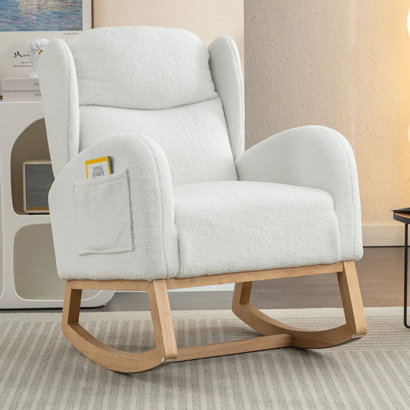 Teddy Fabric Rocking Chair With Packet Wood Legs - Ivory by HouseOfZazla