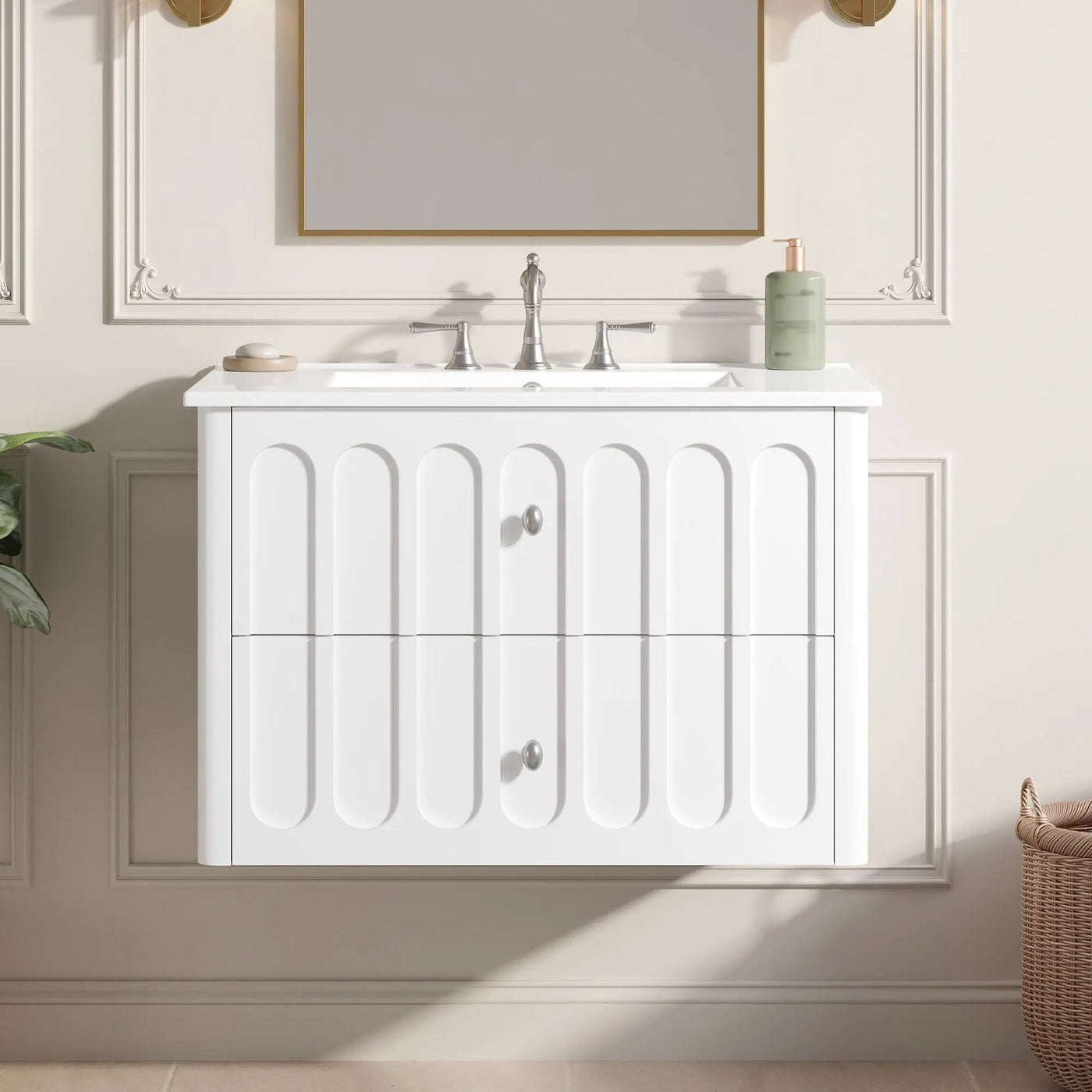 Floating Bathroom Vanity With Oval Knobs & Round Edge, Soft Close Drawer Slides by HouseOfZazla