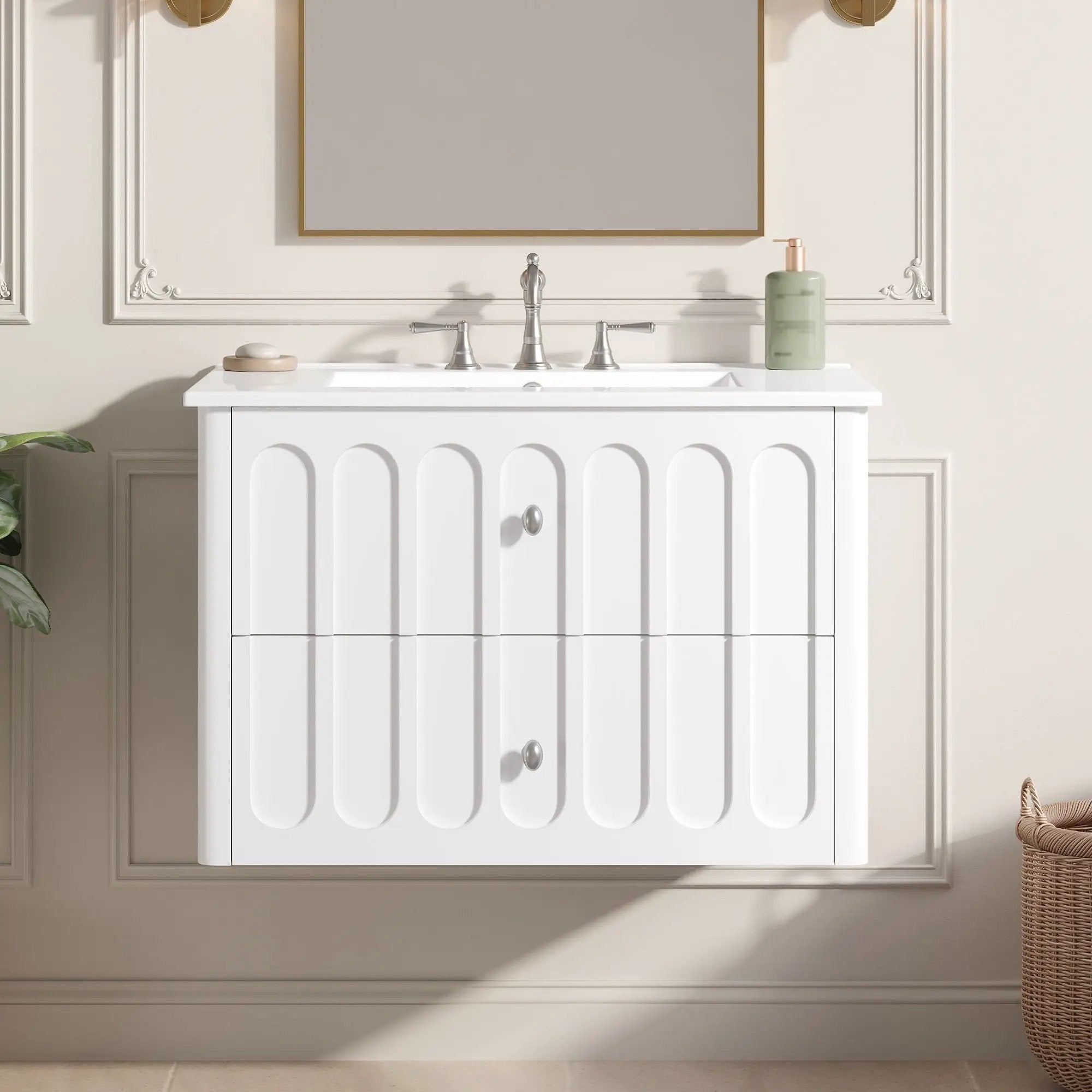 Floating Bathroom Vanity With Oval Knobs & Round Edge, Soft Close Drawer Slides by HouseOfZazla