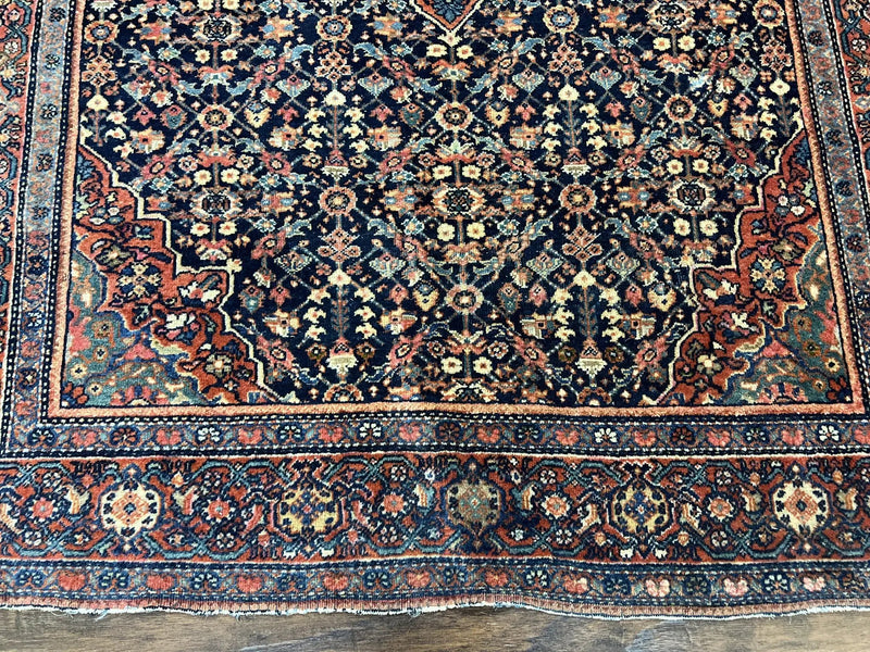 Persian Rug 4x7 Antique Sarouk Farahan Carpet, Navy Blue and Red Wool Rug by Jewel Rugs