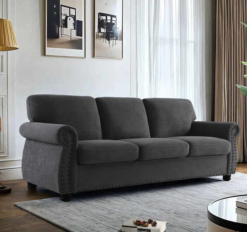 Soft Sofa, Upholstered 3 Seater Couch With High Density Foam, Loose Back Cushions And Turned Legs by HouseOfZazla
