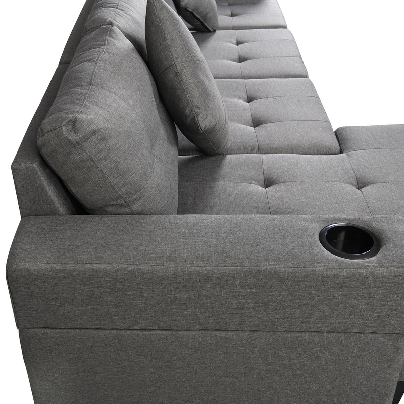 Modern Sectional Sofa Set With L Shape Chaise Lounge, Cup Holder, 4 Seat - Gray by HouseOfZazla
