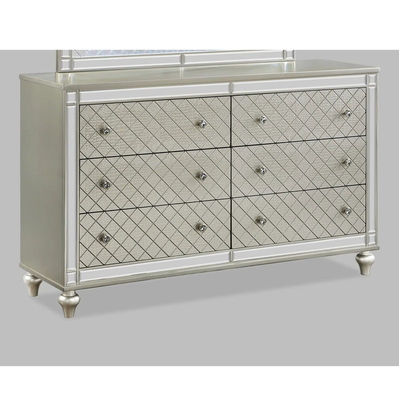 6 Drawer Bedroom Dresser With Diamond Patterned Drawer Fronts - Silver by Unique Piece Furniture