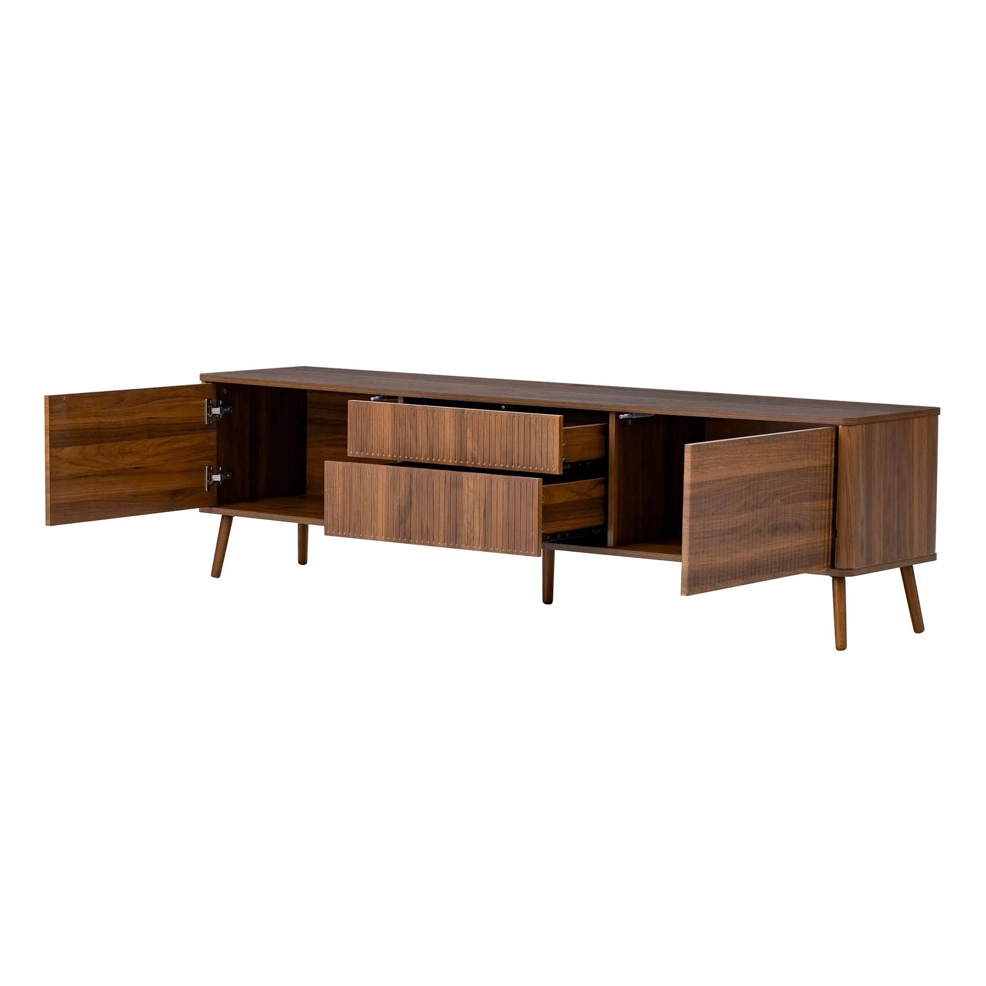 Fluted TV Stand With Storage Drawers And Cabinets For TVs Up To 80", Soft-Close Hinges, Cable Management - Walnut by HouseOfZazla