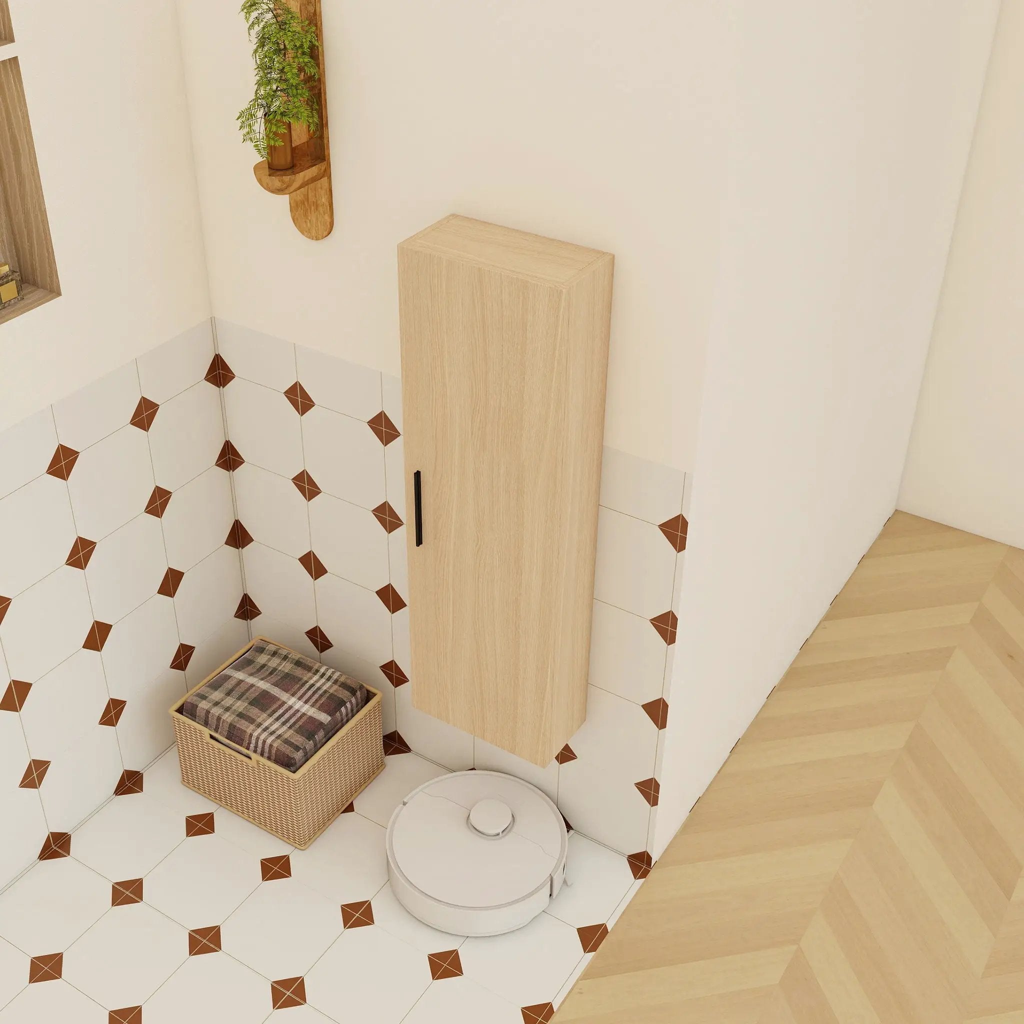 Tall Floating Bathroom Side Cabinet, Wall Mounted Single Door Storage - Light Oak by Unique Piece Furniture