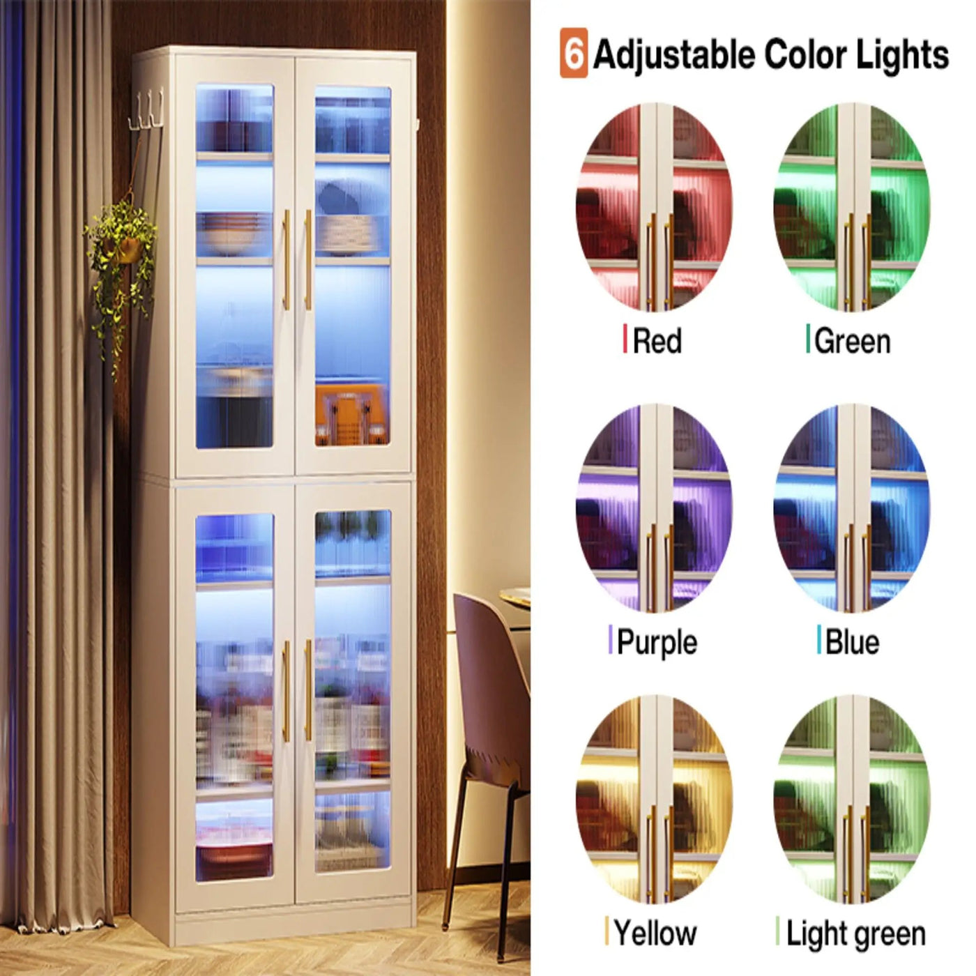 Bookcase With Doors And LED Lighting, 8 Adjustable Shelves Storage Cabinet by HouseOfZazla