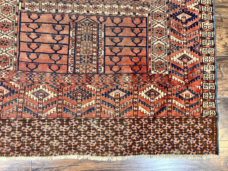 Antique Turkoman Rug 4x4, Hatchli Square Carpet, Wool Handmade Four Season Yamud Design Rug, Red Bohemian Tribal Rug, Engsi Tekkeh Rug by Jewel Rugs