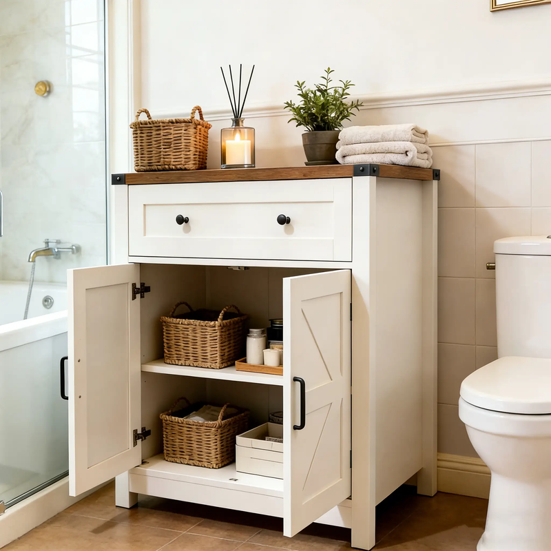 White & Wood-Grain Top Farmhouse Barn-Door Storage Cabinet by HouseOfZazla