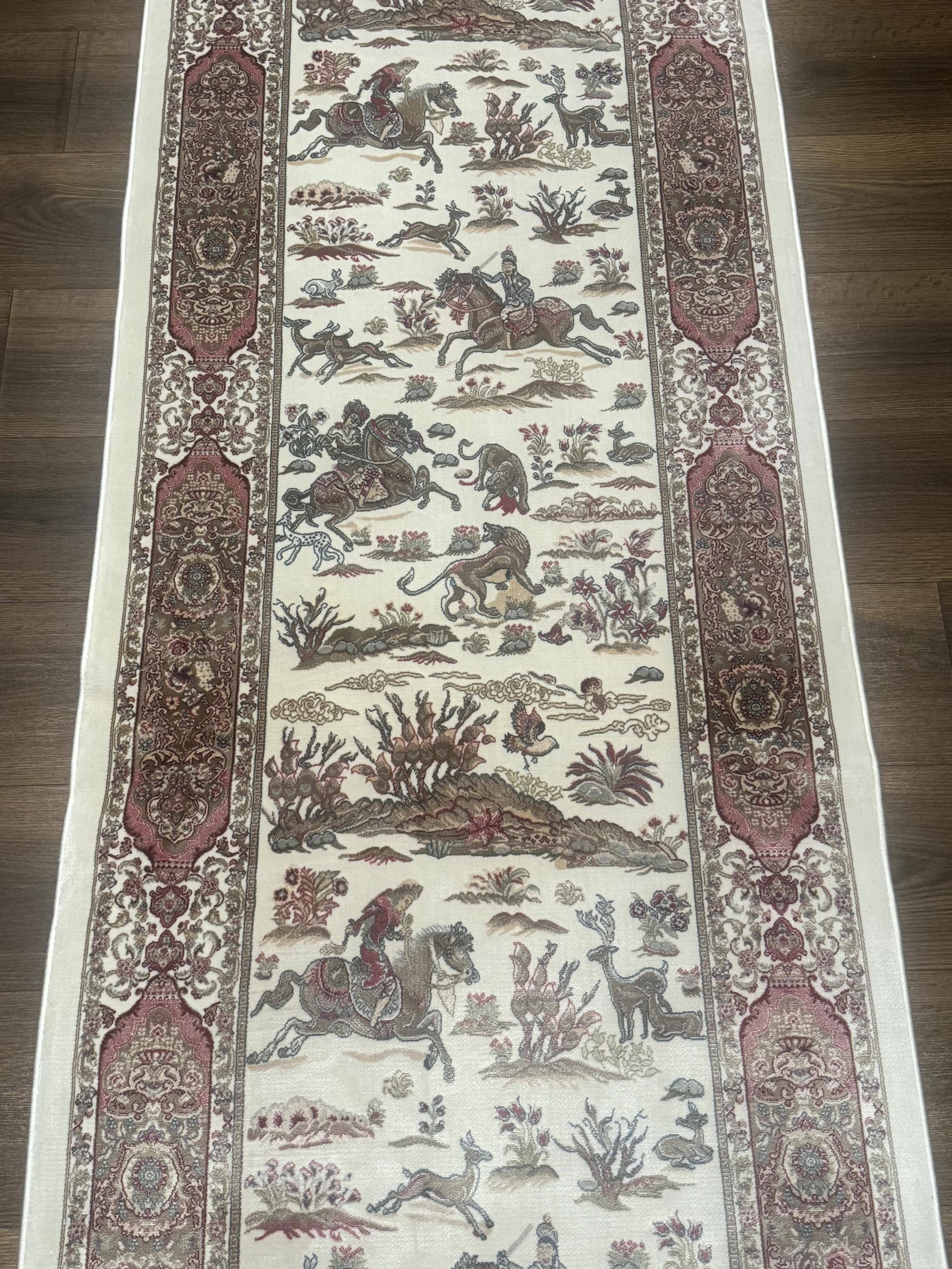 Turkish Silk Runner Rug 2.6 x 8, Hunting Design, Ivory, Bamboo Silk, New by Jewel Rugs