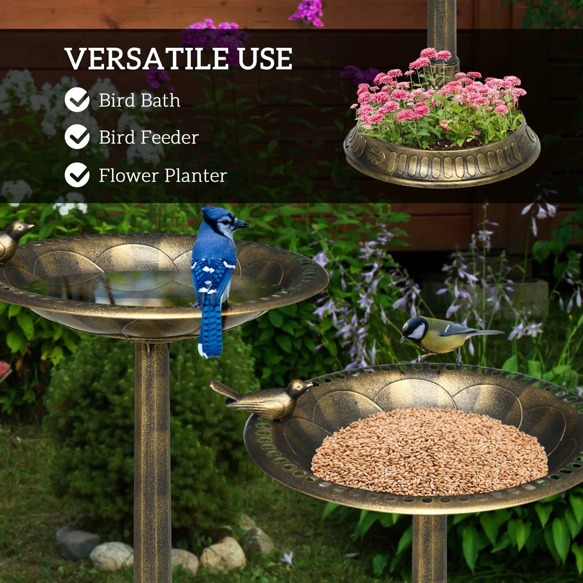 Outsunny 28" Antique Bronze Bird Bath with Pedestal Flower Planter Base by HouseOfZazla