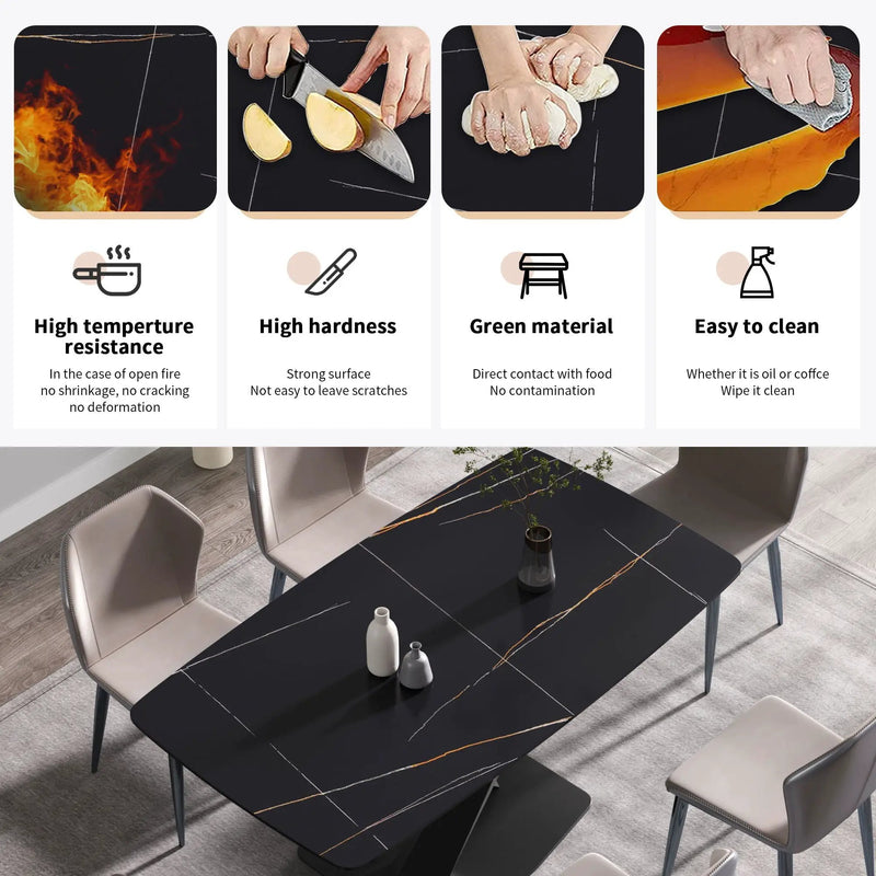 70.87" Modern Artificial Stone Black Curved Black Metal Leg Dining Table, Can Accommodate 6-8 People - Black by HouseOfZazla