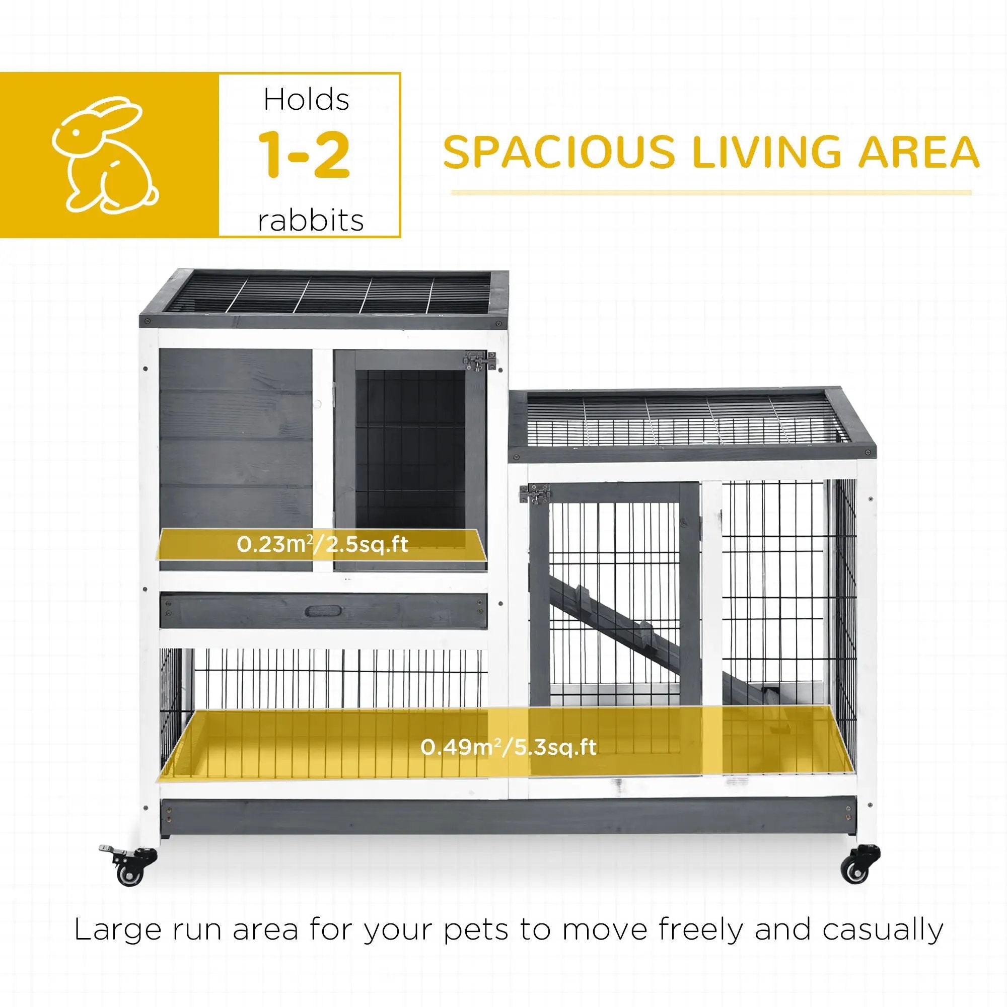 Pawhut - Wooden Rabbit Hutch Elevated Bunny Cage Indoor Small Animal Habitat With Enclosed Run With Wheels, Ramp, Removable Tray Ideal For Guinea Pigs - Gray by HouseOfZazla