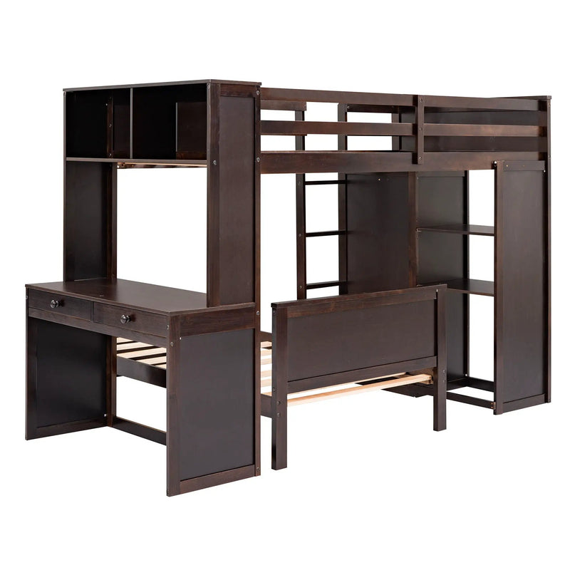 Loft Bed With A Stand Alone Bed, Shelves, Desk, And Wardrobe by HouseOfZazla