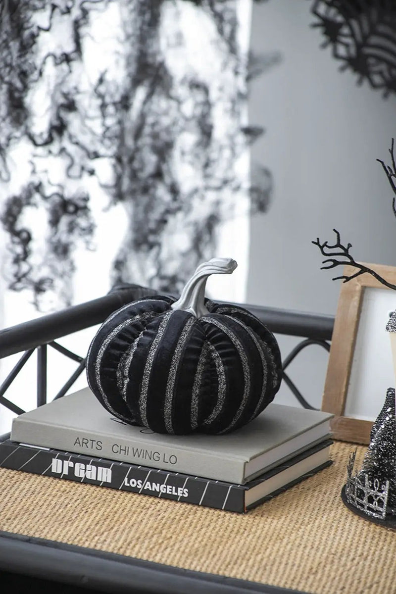 Set of 2, 7x7x7" Fabric Black Stripe Pumpkin Decor by HouseOfZazla