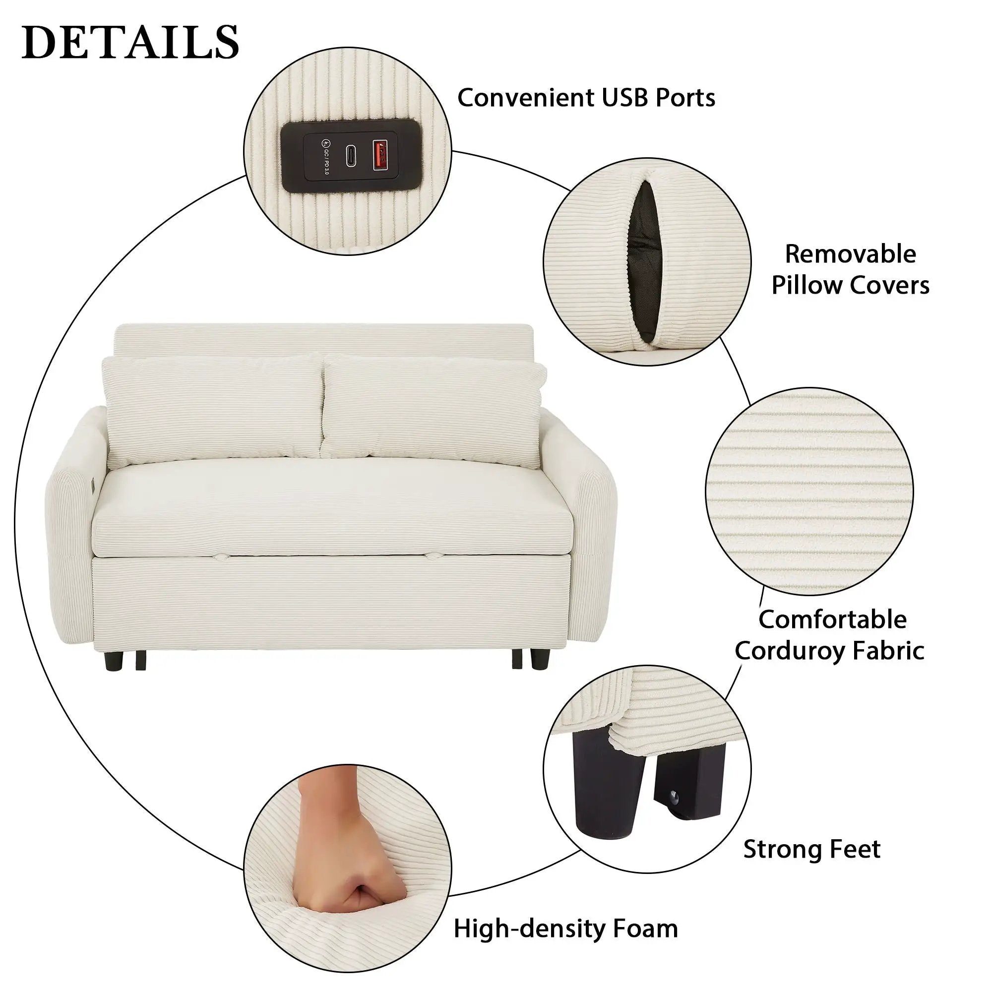 Pull-Out 2 Seat Modern Sleeper Sofa With 2 Throw Pillows And USB Ports