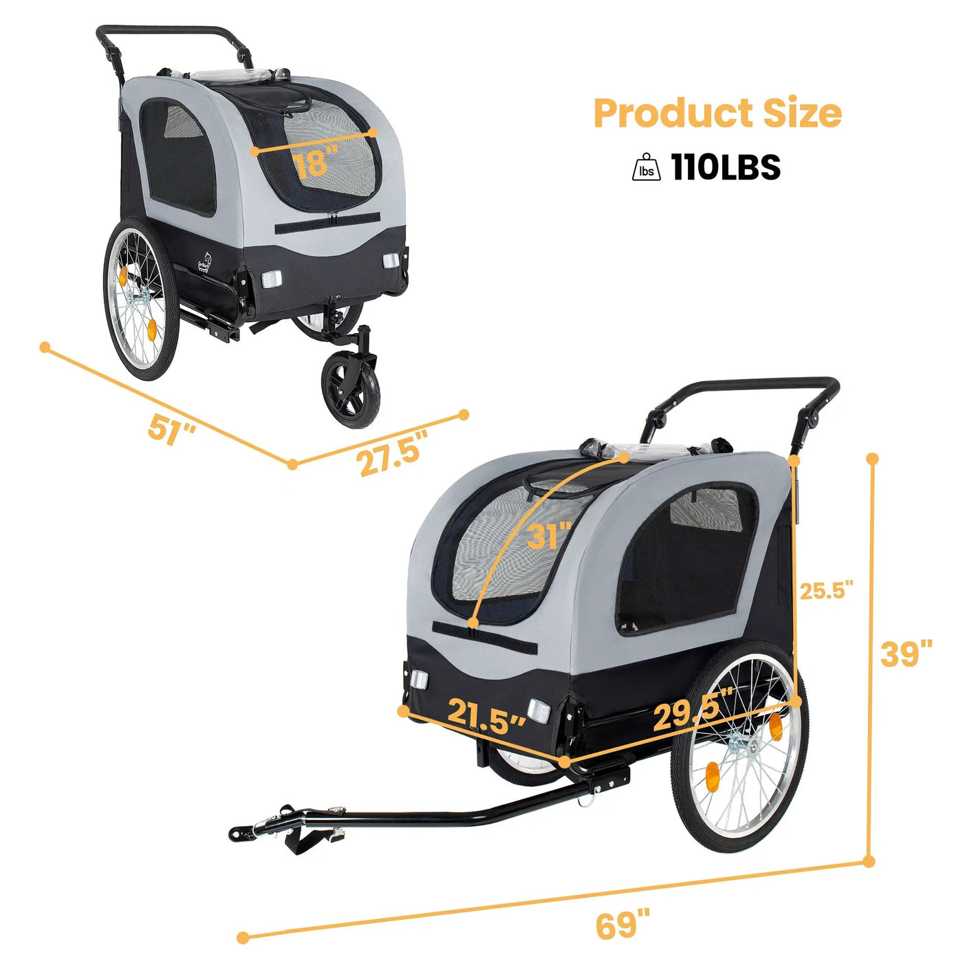 2-in-1 Bike Trailer & Pet Stroller for Dogs up to 110lbs by HouseOfZazla