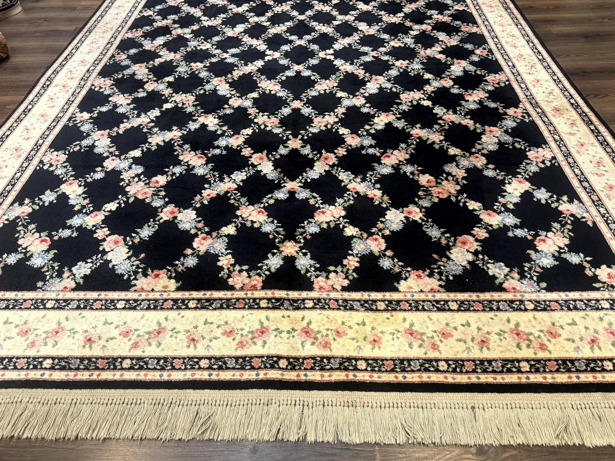 8.8 x 12 Karastan Garden of Eden Rug, Ebony Trellis #509/1270, Black, Floral, Wool Pile, Vintage, Discontinued by Jewel Rugs