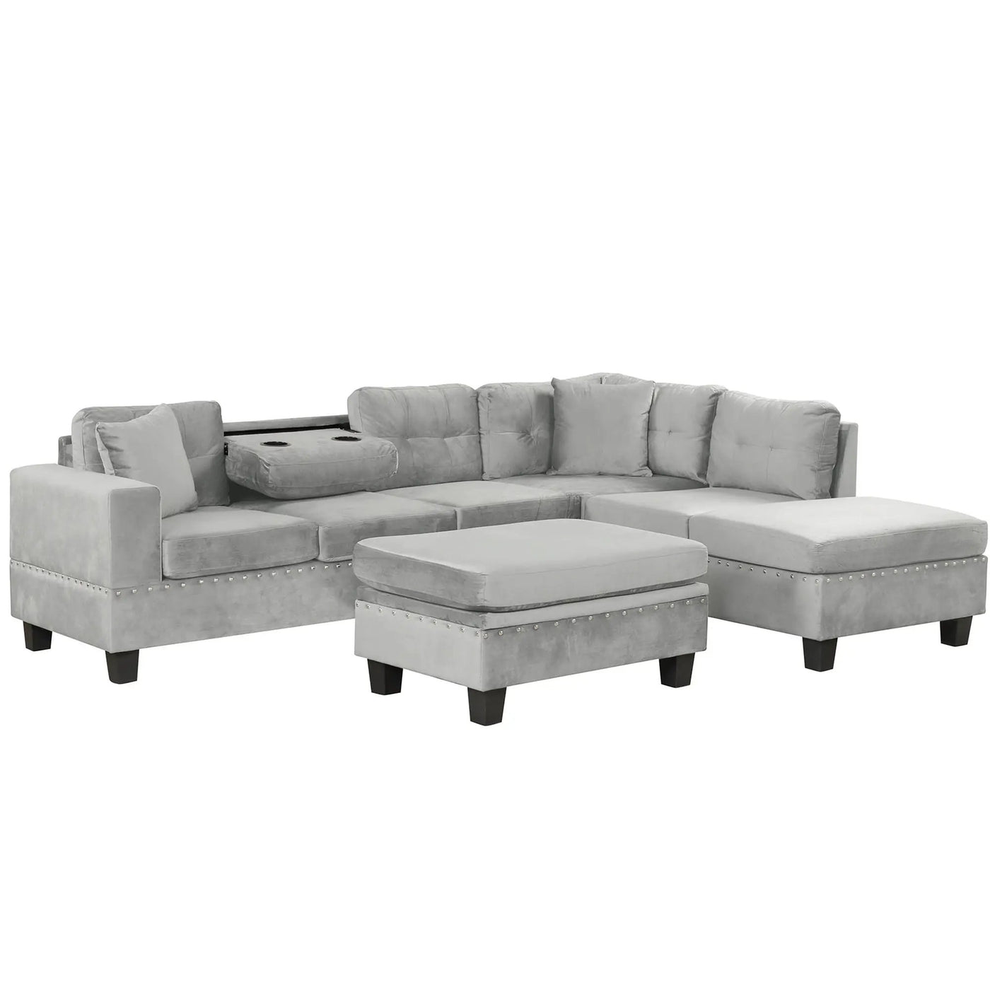 Modern Sectional Sofa With Storage Ottoman, L - Shape Couch With 2 Pillows And Cup Holders by HouseOfZazla