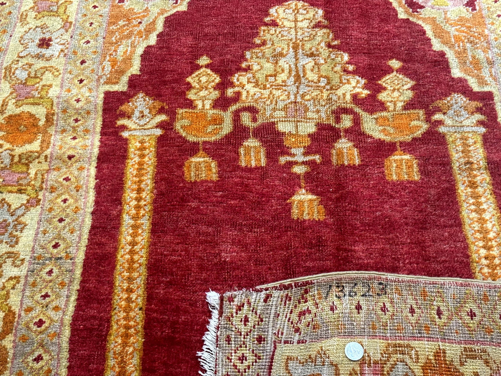 Antique Turkish Prayer Rug 4x6, Red and Golden Mustard, Mihrab Design, Anatolian Carpet by Jewel Rugs