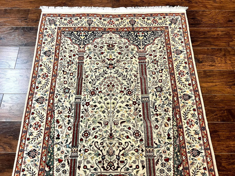 Pak Perisan Prayer Rug 4x6, Tree of LIfe Carpet, Handmade Vintage Wool Rug, Beige, Floral Vases by Jewel Rugs