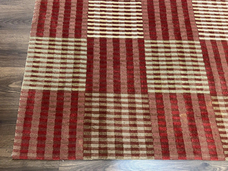 Modern Tibetan Rug 8x10, Hand Knotted Contemporary Nepali Carpet 8 x 10, Checkerboard Design, Red Cream Light Brown, Very Fine Wool & Silk by Jewel Rugs