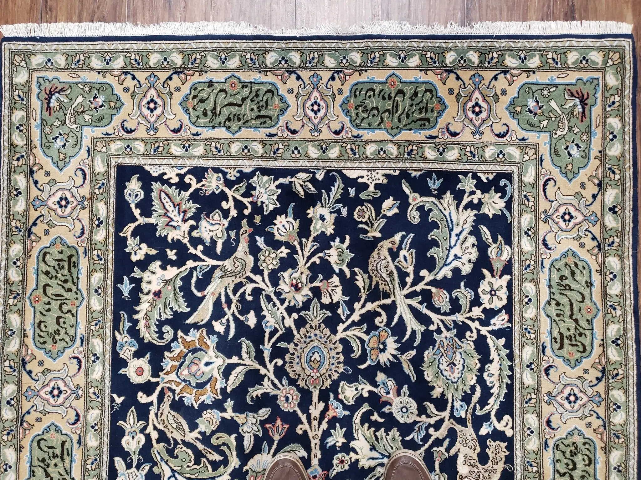 Semi Antique Persian Qum Tree of Life Rug, Hand-Knotted, Wool, Midnight Blue and Tan, Animal Pictorials, Written Poem in Borders, 4' 8" x 7' 8" by Jewel Rugs