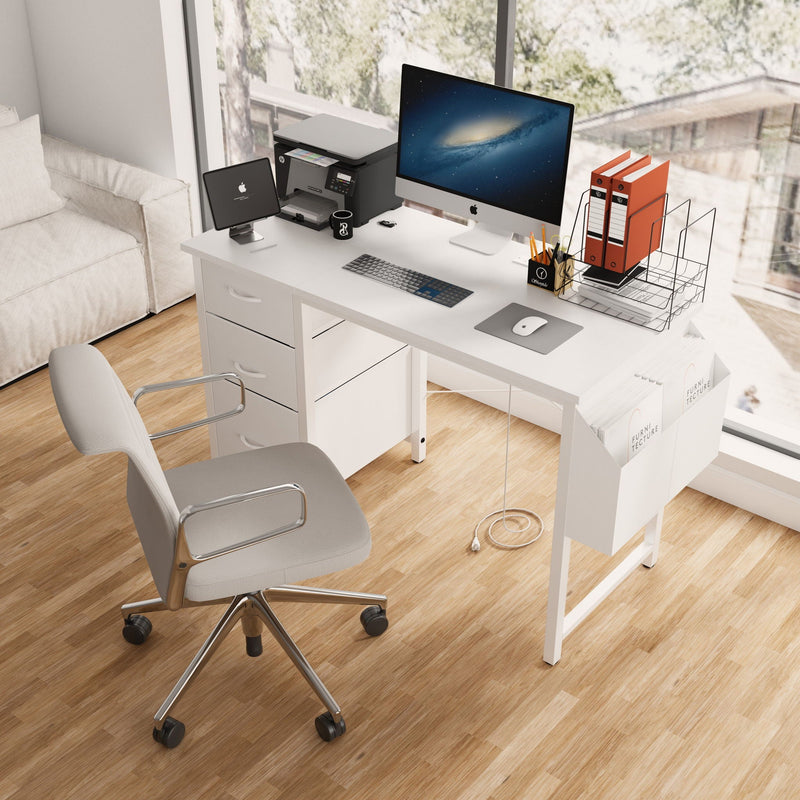 Office Desk With Power Outlet, 3 Drawers And Side Pocket For Office - White by HouseOfZazla