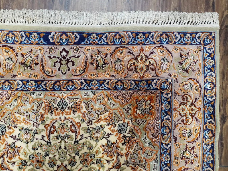 Vintage Persian Isfahan Lachak Toranj Rug, Highly Detailed, Kork Wool on Silk Foundation, Beige and Dark Blue, Hand-Knotted, 3'6" x 5' 4" by Jewel Rugs