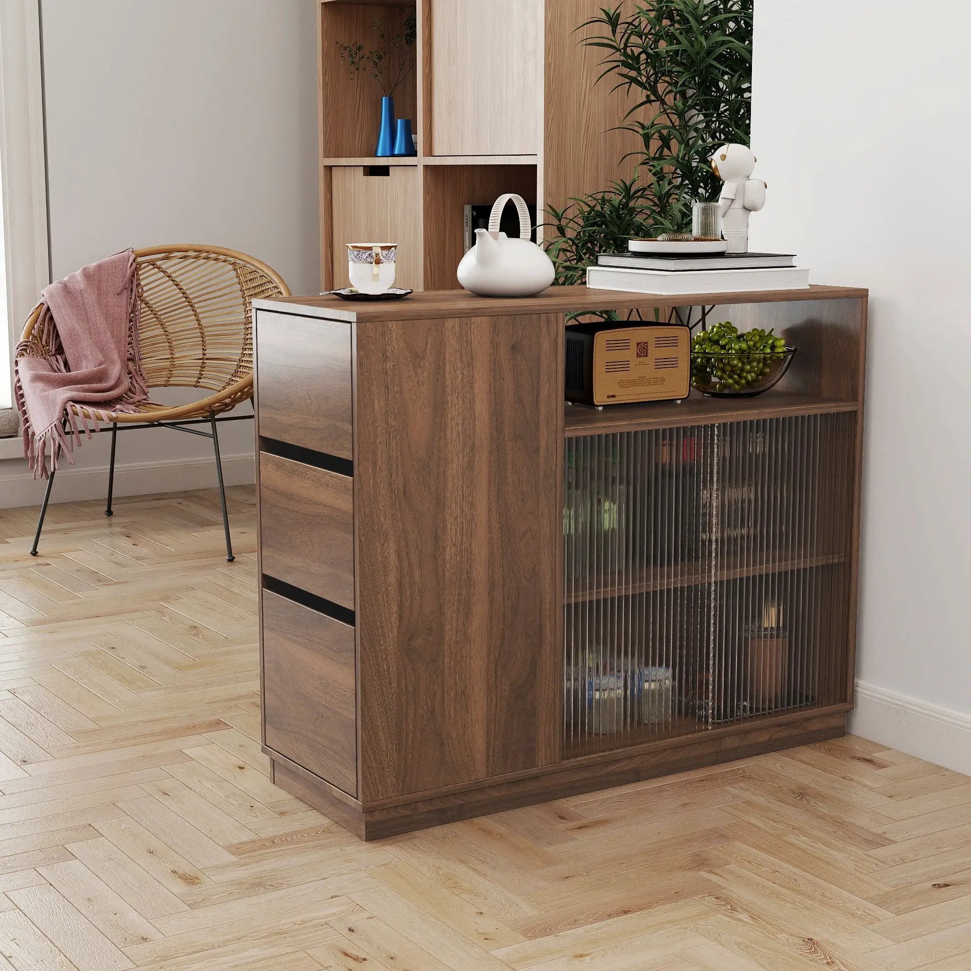 Kitchen Sideboard, Small Countertop Organizer with Sliding Glass Doors and Drawers by HouseOfZazla