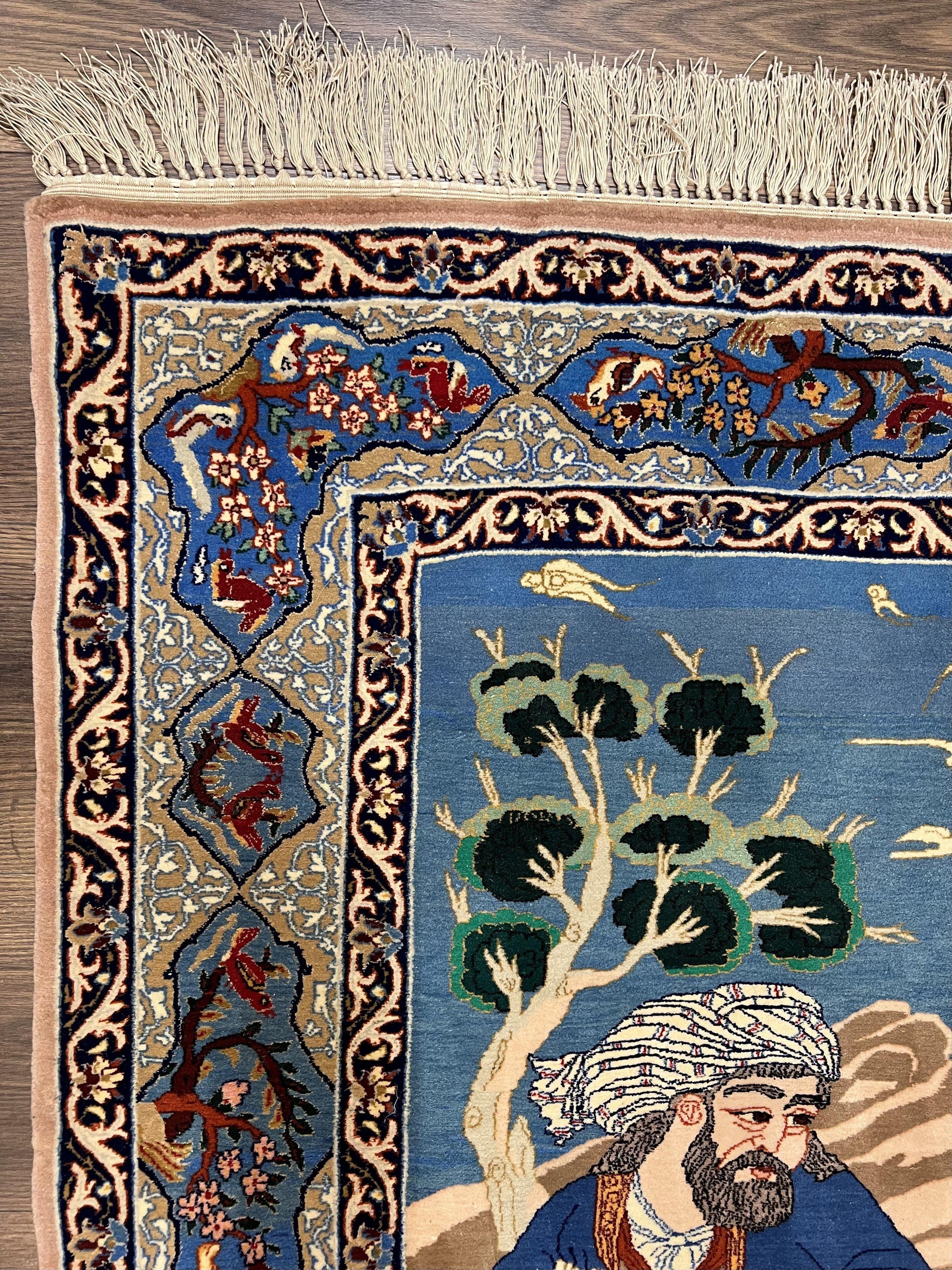 Fine Persian Isfahan Pictorial Rug 3.7 x 5, Kork Wool on Silk Foundation, Blue Persian Carpet, Hand Knotted, Humans Birds, High KPSI, Semi Antique by Jewel Rugs