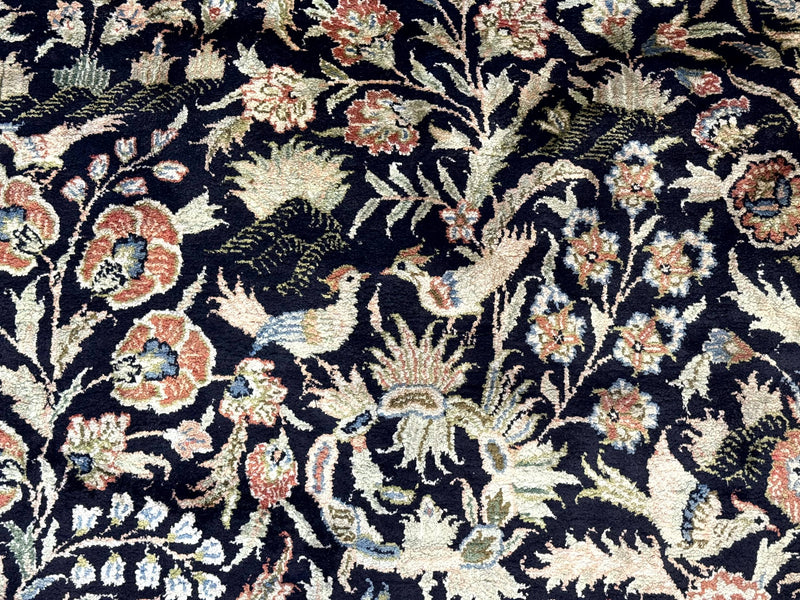 Silk Rug 4x6, Black and Cream, Floral & Bird Pictorials, Fine 330 KPSI, Sino Persian Rug by Jewel Rugs