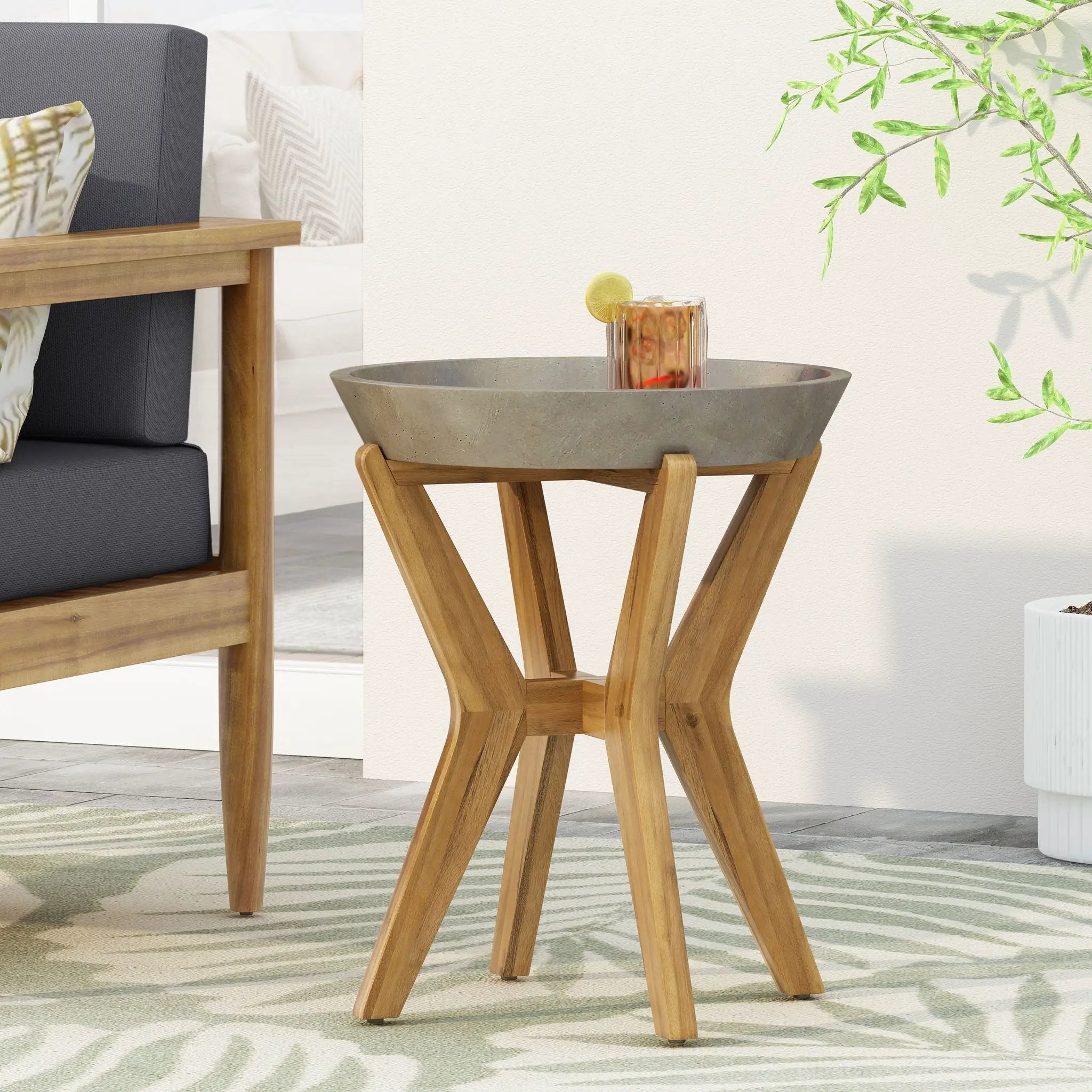 Yukon Contemporary Side Table with Lightweight Concrete Top and Acacia Wood Frame - Gray by HouseOfZazla