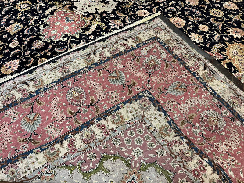 Magnificent Persian Tabriz Rug 11x16, Oversized Persian Carpet 11 x 16 ft, Wool on Silk Finely Hand Knotted, 450 KPSI, Floral Medallion, Black Pink by Jewel Rugs