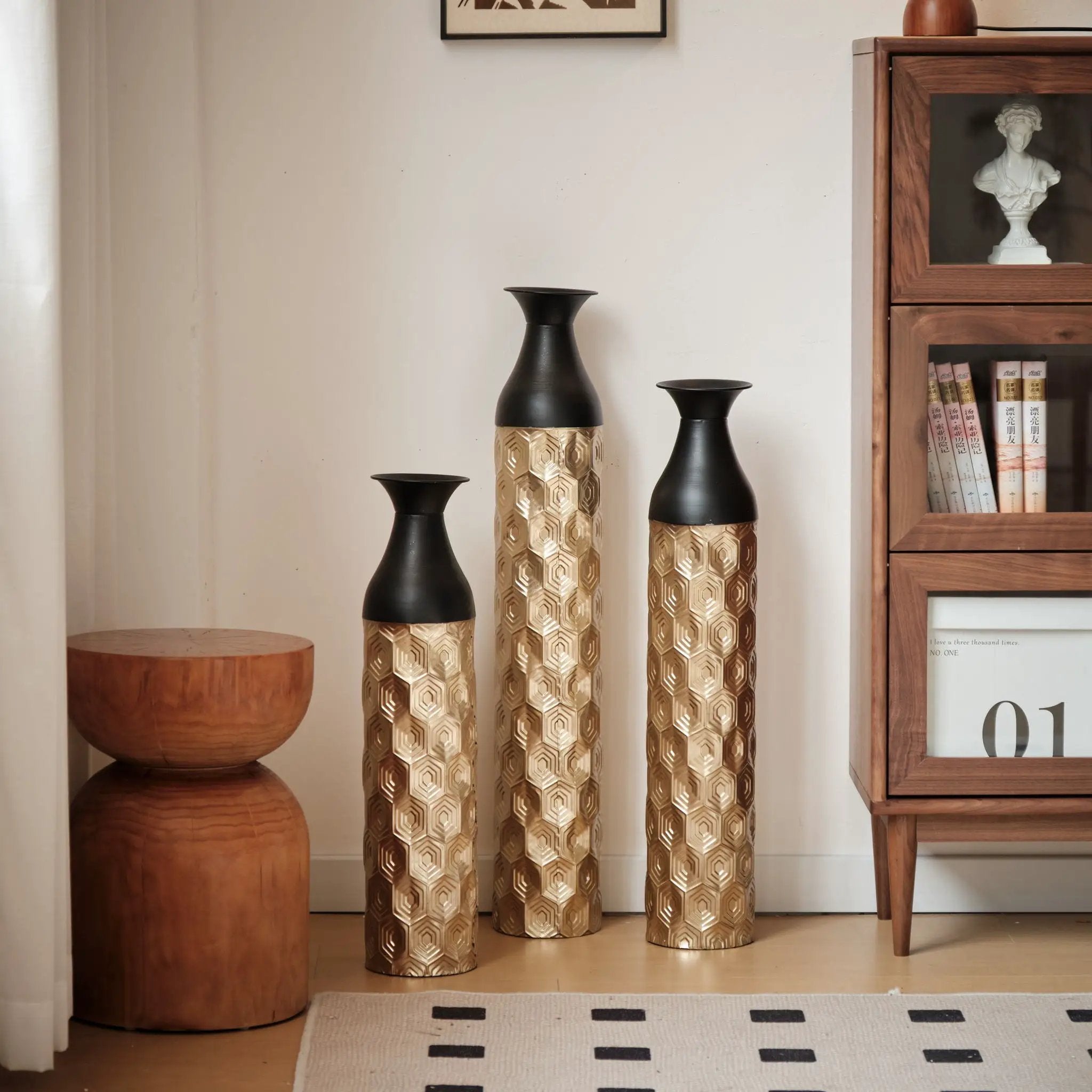 Floor Metal Vases (Set of 3) Gorgeous Home Decoration Large Glazed Metal Vases - Black / Gold by Unique Piece Furniture