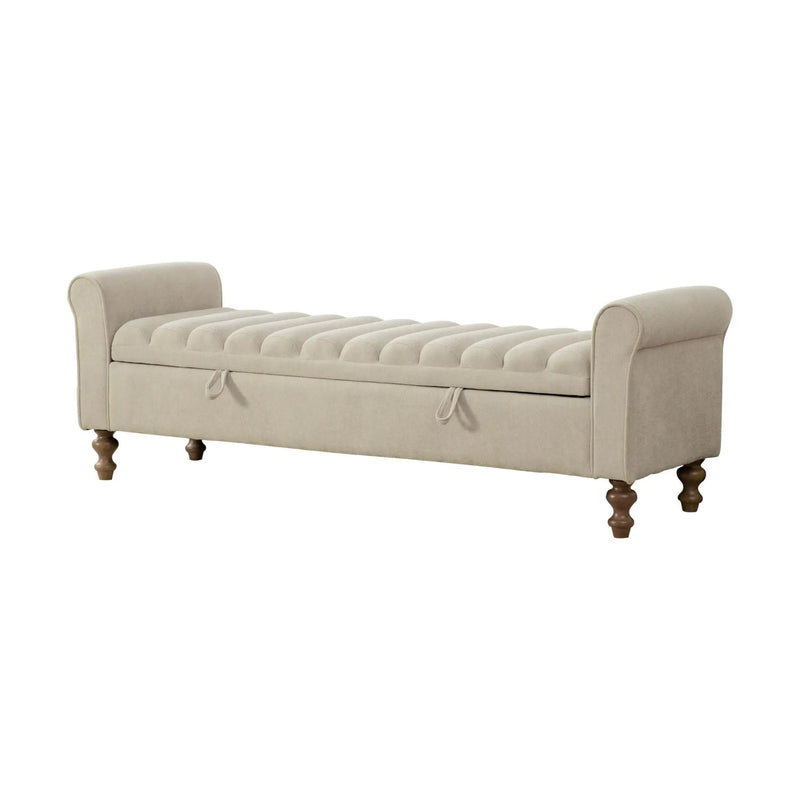 Wide Upholstered Storage Bench With Rolled Armrest For Bedroom - Griege by HouseOfZazla