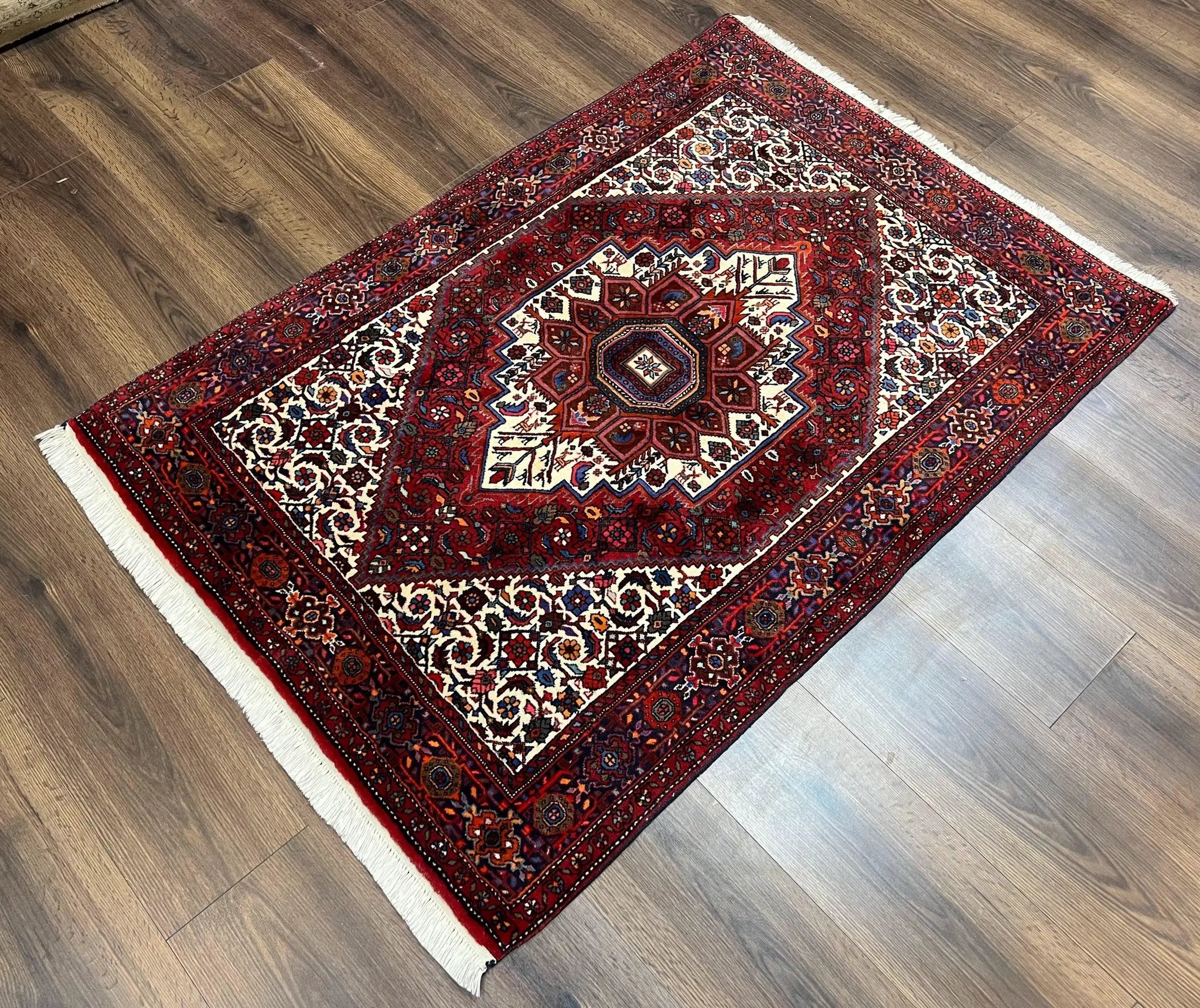 Fine Persian Bidjar Rug 3x5, Geometric Medallion Oriental Bijar Carpet 3 x 5 ft, Ruby Red and Cream, Hand Knotted Wool Rug, Semi Antique Tribal Rug, Nice by Jewel Rugs